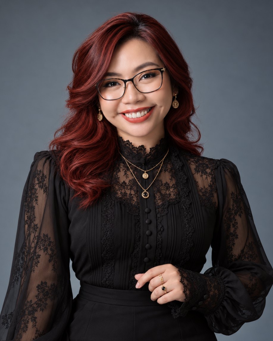 Nikki "Qian Xi" Jurado-Mancilla smiling in a black lace blouse, with long red hair and glasses
